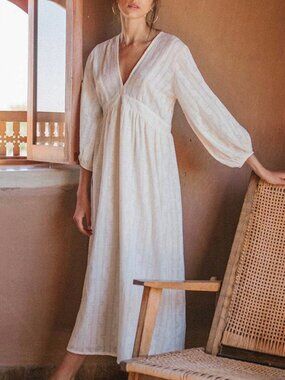 ROVE Alma Midi Smock Dress In Soft White